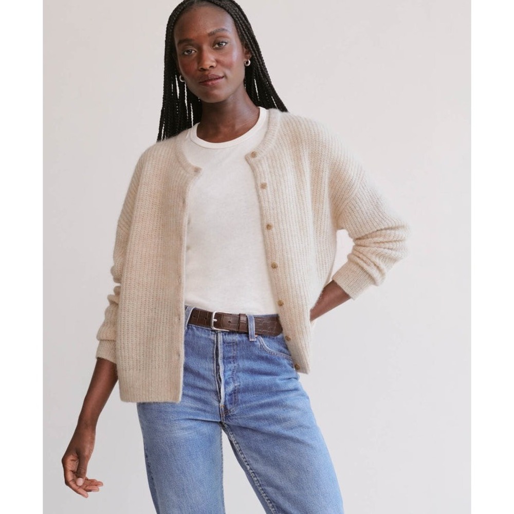 Jenni Kaine Hayes Crewneck Cardigan Sand color Sz XS fuzzy Wool Alpaca blend